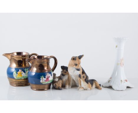 Decorative china, to include Doulton Burslem candlesticks, copper lustreware jugs and Carltonware leaf bowl etc, (1 box)