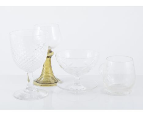 Set of six cut glass pedestal champagnes; pair of old hobnail glass wines, and other glassware, (16).