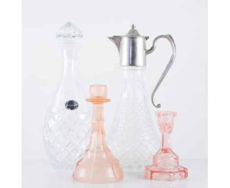 Two boxes of decorative glassware, to include Bohemia decanter, other decanters, claret jugs, bowls and rose glass.