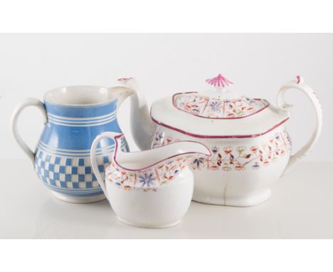 English Pottery part teaset, circa.1810, including teapot, jug, tea bowl, saucers, plates, four copper lustre jugs, teapot, b