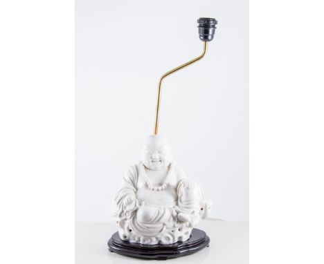 Chinese white glazed model, seated Buddha, on a stained wood lamp base with lotus shade, 53cm; and a collection of other plat