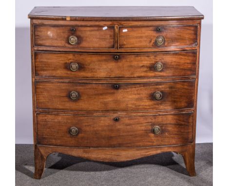 Mahogany bow front chest, of two short and three long graduating drawers, brass ring drop handles, bracket feet, width 104cm,