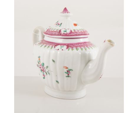 New Hall type polychrome teapot, swollen and fluted body decorated with floral motifs, puce No 273, height 17.5cm.