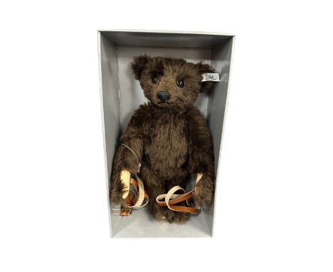 Steiff. 1991 replica of 1908 Muzzle Bear, white tag No.  406119, dark brown mohair, tan leather muzzle and lead, limited edit