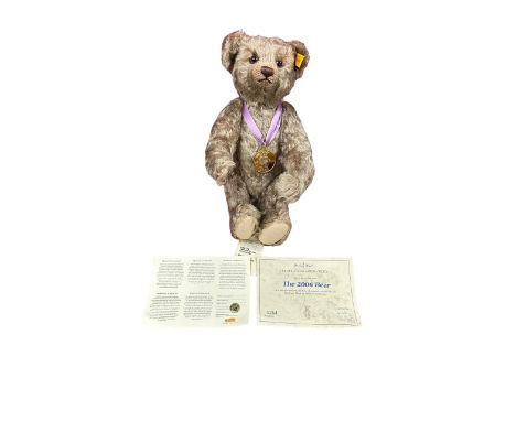 Steiff. 2006 Teddy, caramel mohair, H32cm, yellow tag 662379, excellent in good plus drawstring cotton bag, with medallion on