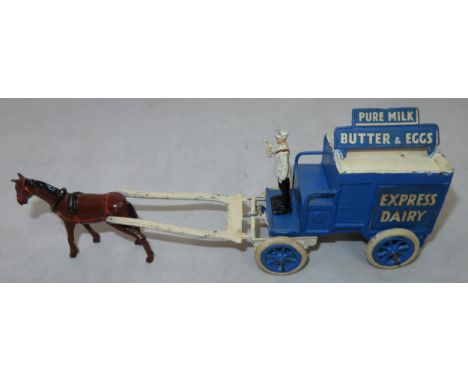 Charbens Express Dairy Horse-Drawn Milk Float, blue and white milk float with "Express Dairy" to each side and double sided s