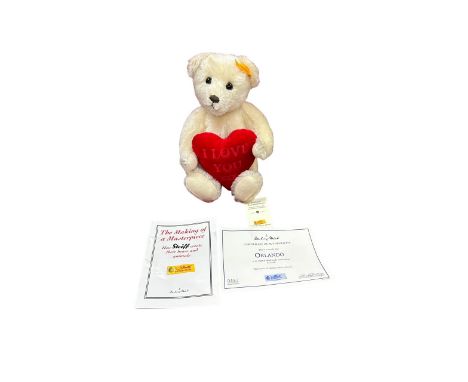 Steiff. I Love You xxx white mohair Teddy, from Romanic Collection, excellent in good cotton drawstring bag (some mottling), 