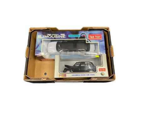 Sun Star. Pair of 1/18th scale 1998 London Taxis International TX1 black No. 1120 and 1999 Lincoln Limousine white No. 1250, 