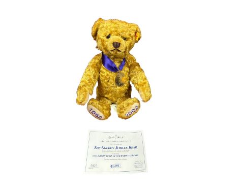 Steiff. The Golden Jubilee Bear, 50 years of HM Queen Elizabeth reign, golden mohair, H28cm, yellow tag 660740, excellent in 