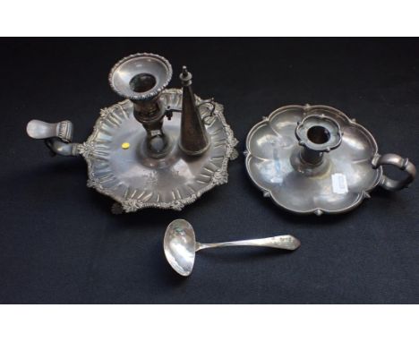 A SILVER CHAMBER CANDLESTICK with snuffer, and another simpler one, both with engraved armorials, and a sauce ladle