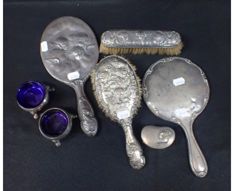 SILVER BACKED DRESSING TABLE BRUSHES AND MIRRORS Georgian salts, and a trinket box