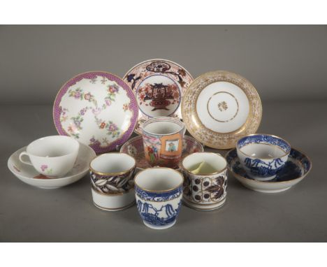 A COLLECTION OF ENGLISH PORCELAIN TEAWARE comprising three coffee cans by Newhall, a teabowl and saucer by Newhall, a teacup 