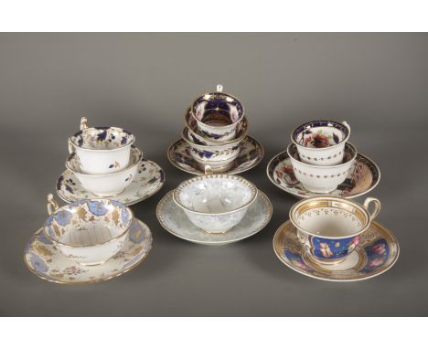 A COLLECTION OF ENGLISH PORCELAIN TEAWARES including a trio and three cups and saucers by Rockingham, all marked, a Miles Mas