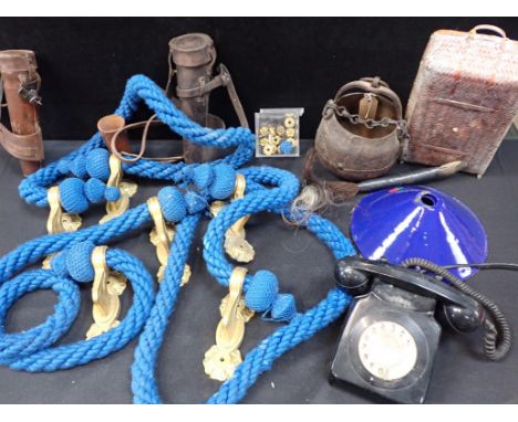 A ROPE STAIR BANISTER WITH SET OF BRASS FITTINGS in three sections, a vintage telephone, enamel light shades, and sundries 
