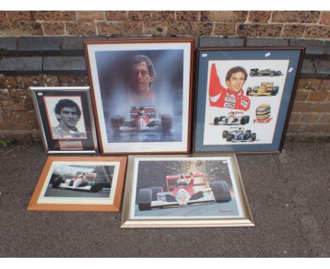 A COLLECTION OF AYRTON SENNA RELATED FRAMED PHOTOS and a print, the largest 68 x 53cm (5)