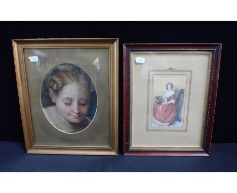 A 19th CENTURY OIL ON CANVAS PORTRAIT OF A GIRL (oval 21 x 17cn visible, framed and glazed), and a print of a lady (2)