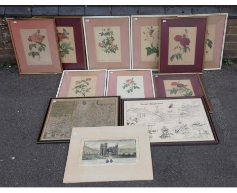 COLLECTION OF REDOUTE ROSE PRINTS with two maps and a print of Chideock Castle