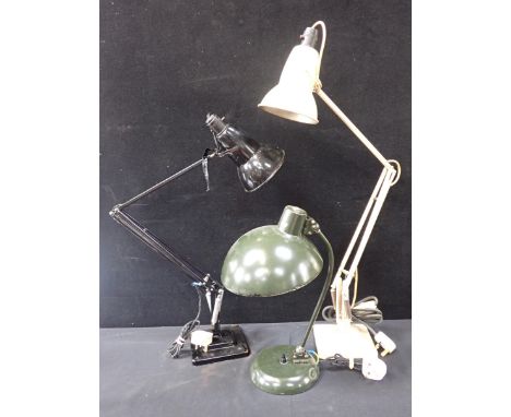 TWO VINTAGE HERBERT TERRY ANGLEPOISE LAMPS in black and cream, and an army office lamp in green (untested, for restoration) (