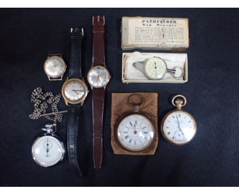THREE VINTAGE WRISTWATCHES with two pocket watches, a stopwatch and map measurer (7) 