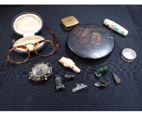 A 19th CENTURY PAPIER MACHE SNUFF BOX, A BONE DOG WHISTLE a tiny bronze bulldog, folding spectacles with yellow metal mount, 