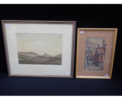 PHILIP NEEDELL (1886-1974) Corfe Castle, woodblock print, 1930s, 54 x 45cm, with May's Cottages, watercolour, 1920s
