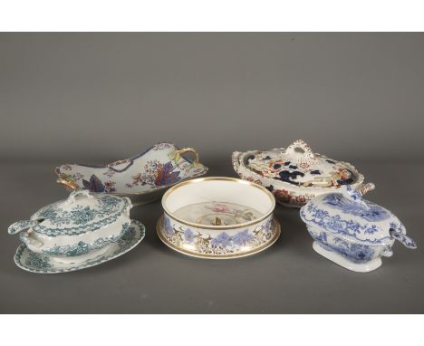 A COLLECTION OF ENGLISH POTTERY SERVING DISHES including a twin handled imari palette dish by Spode, 29.5cm wide, a Keeling &