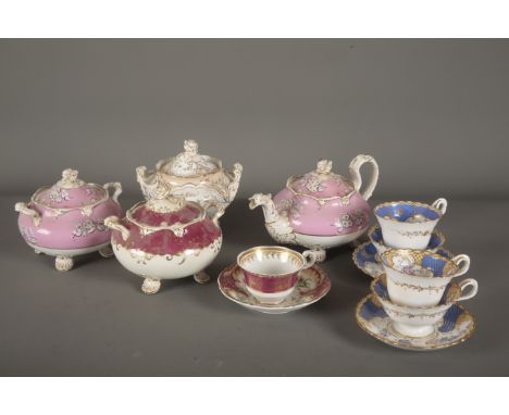 A COLLECTION OF H & R DANIEL PORCELAIN TEAWARE including a Chain Edge shape trio in pattern 7141, another in pattern 7067, th