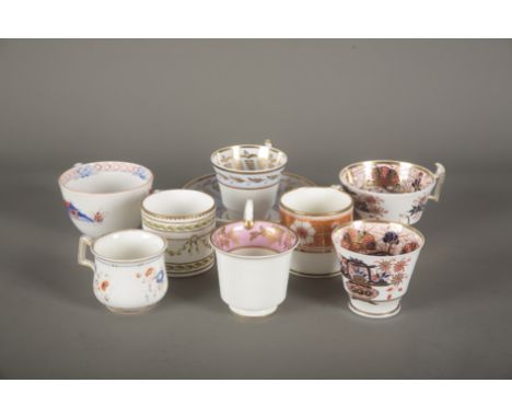 A COLLECTION OF ENGLISH PORCELAIN TEAWARES including a Spode teacup and saucer, marked to the base, with lilac borders, toget