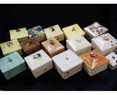 A COLLECTION OF CERAMIC HONEYCOMB BOXES and one pressed glass example, various designs and makers, Shorter, Mintons, Burleigh