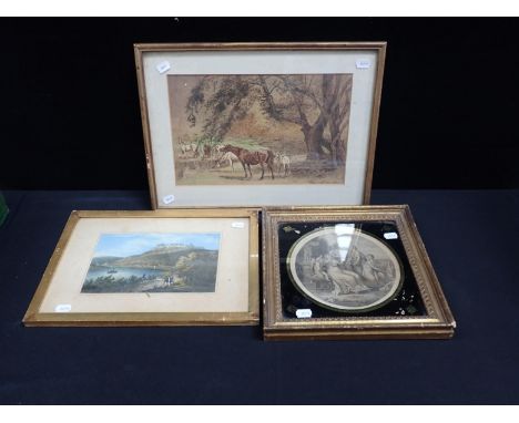A LATE 18th CENTURY STIPPLE PRINT IN THE STYLE OF KAUFMANN/BARTOLOZZI in a circular verre eglomise mount, and original square