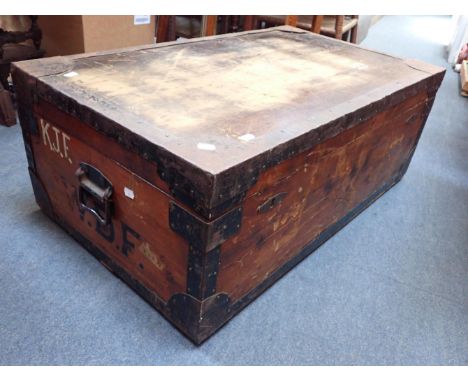 A METAL-BOUND TRAVELLING TRUNK with fully tin-lined interior, with seal, 92cm wide