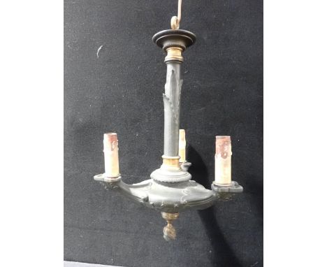 A THREE-LIGHT PATINATED BRONZE CHANDELIER Regency style, perhaps originally a colza lamp, cast with scrolling foliage and ant