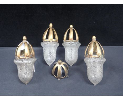 FIVE ART NOUVEAU BRASS PENDANT LIGHT FITTINGS, IN THE STYLE OF W.A.S. BENSON with four etched glass shades (one shade chipped