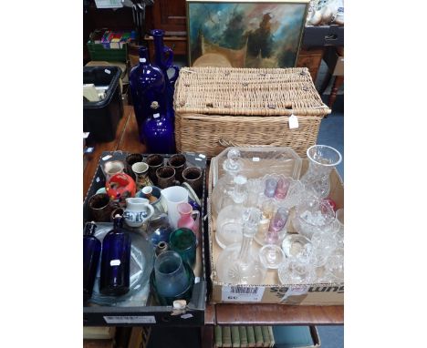 A COLLECTION OF STUDIO POTTERY AND ART GLASS many styles and makers, a quantity of domestic glassware, blue glass and a wicke