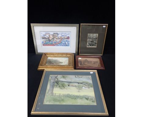 GORDON BENNINGFIELD: PASTORAL VIEW watercolour, with Riki Manuel: Maui colour print, and three Victorian prints (5)