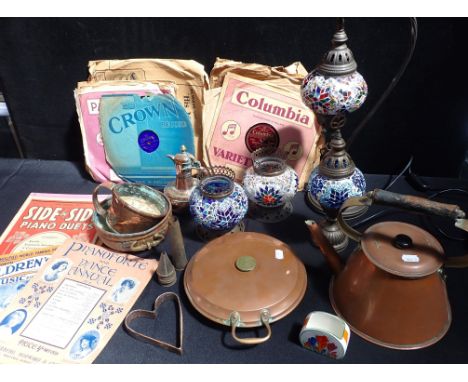 A QUANTITY OF MIXED COPPER WARE modern Moroccan style lights, 78rpm gramophone records, sheet music, and a Bradex reproductio