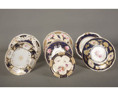 A COLLECTION OF YATES PLATES circa 1825-30, three with dark blue outer rims and gilt detailing, one with gilt cornucopiae and
