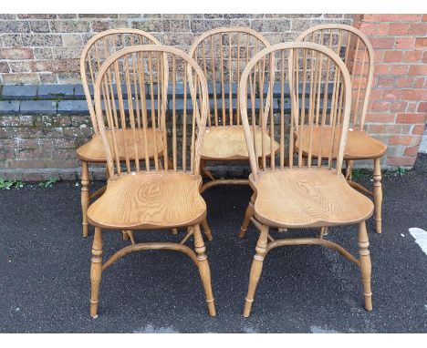 FIVE ASH WINDSOR HOOP-BACK KITCHEN CHAIRS, OF 18th CENTURY DESIGN with crinoline stretchers, with a set of four John Lewis ti