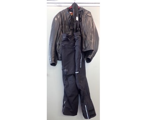 A HARLEY DAVIDSON LEATHER BIKERS JACKET Large, with a pair of Oxford bikers salapettes
