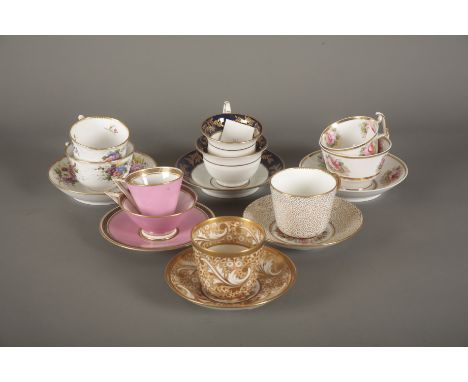 A COLLECTION OF ENGLISH PORCELAIN TEAWARES including three trios by Spode, all marked to the base, a trio by George Jones, si