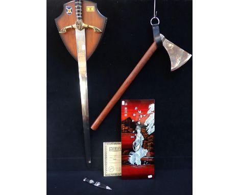'HONI SOIT QUI MAL Y PENSE' ORDER OF THE GARTER DECORATIVE SWORD with a celtic design axe head with new handle, a small dagge