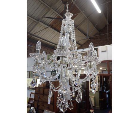 A  SEVEN-BRANCH CHANDELIER WITH PRISMATIC DROPS modern in 18th century style 80cm drop approx, plus chain and fitting (untest