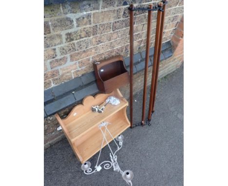 A VINTAGE CEILING CLOTHES AIRER WITH FITTINGS and new cord, a pine hanging shelf, a small mahogany hanging box, and a three-b