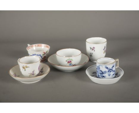 A COLLECTION OF MEISSEN PORCELAIN TEAWARES bearing blue crossed swords marks or AR marks throughout, including three cups and