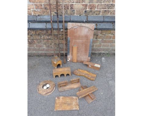 A VINTAGE CRAZY GOLF SET, CIRCA 1930 some of the 'hazards' labelled (a/f), with a shove ha'penny board, a cribbage board, and