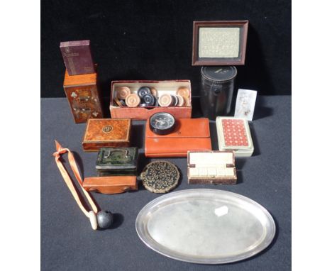 PLAYING CARD AND OTHER BOXES with sets of dice, draughts and other domestic items including a Stratton compact and a miniatur