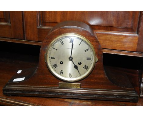Mahogany cased Napoleon hat mantel clock with steel faced and presentation plaque dated 1932