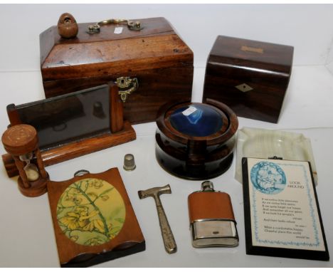 Oak tea caddy with brass fittings (no interior) and rosewood tea caddy (no interior) set of wood and agate coasters, spirit f