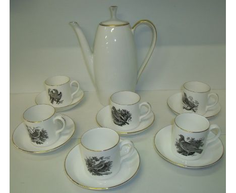 Set of six Crown Staffordshire coffee cans and saucers with monochrome design of birds by Thomas Bewick  'Ring Dove', The Rol