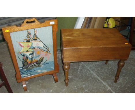 Oak framed wool work fire screen and an oak commode with lift off cover on turned supports (2)
